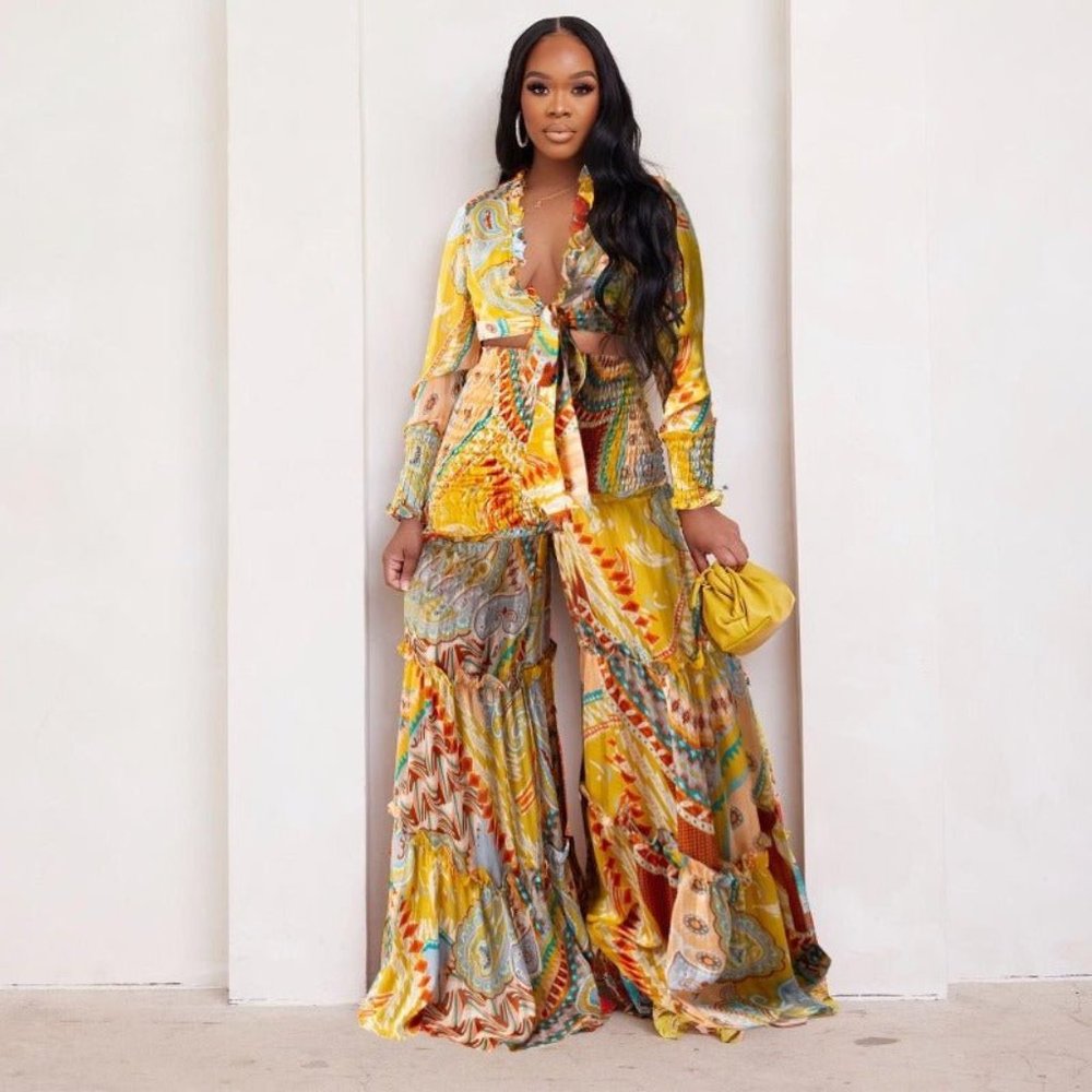 Yellow Printed Wide-Leg Pantsuit Set